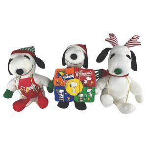 3 Peanuts Snoopy Christmas Nylon Plush Reindeer Elf Santa Stuffed Animal Whitman